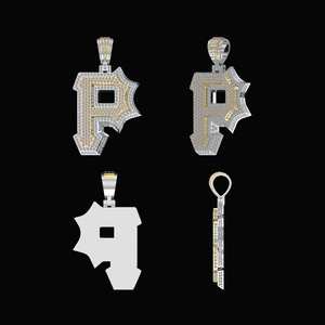 Pendentif personnalisé en moissanite lettre P |   Breloque Alphabet Bicolore Effet Glacé |   Argent 925 plaqué rhodium, initiales Hip Hop (unisexe) GRA - Product Image 1