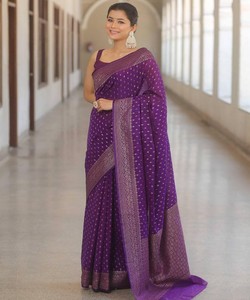 ÚLTIMO MODELO DE SAREE DE SEDA LICHI CON TRABAJO DE JACQUARD Y BLUSA SIN COSTURA, PARA FESTIVAS, PRECIO AL POR MAYOR, PRENDAS ÉTNICAS - Product Image 1