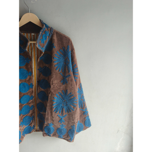 Hand Embroidered <b>Velvet</b> Blouson <b>Jacket</b> <b>Women</b> Mandarin Collar Floral Pattern Full Sleeve Zipper Closure Autumn Style gift <b>for</b> her - Product Image 5