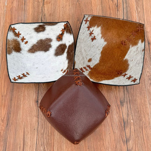 Cheveux occidentaux tan et blancs sur cuir de vachette 3 ensembles de plateaux bol en cuir gaufré marron de qualité supérieure plateau de valet luxueux cadeaux de mariage - Product Image 3