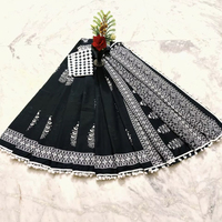 Sari de Algodón Mulmul Puro con Estampado Bagru Hecho a Mano, 5.5 Metros, 1 Metro de Tela para Blusa, Suelto y Natural |   Encaje con borde de pompón indio