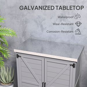 Tavolo da Preparazione per Esterni con Piano in Metallo, Armadietto in Legno con Doppia Porta e Ripiano per Patio e Giardino, Colore Grigio - Product Image 5