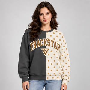 Women's Charcoal and Ivory Split Color Polka Dot Varsity <b>Crewneck</b> Sweatshirt Long Sleeve Ribbed Cuffs Pullover Wholesale - Product Image 1