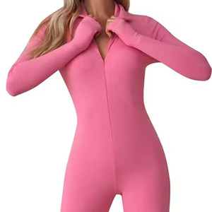 Combinaison longue en tricot rose pour femme, taille haute, fermeture éclair, coupe ajustée, couleur unie, tenue décontractée - Product Image 4