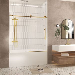 Frameless 60\"W X 60\"H Tempered Glass Shower Door <b>Explosion</b>-Proof Film Brushed Gold Stainless Steel Handle 1/4\" (6mm) Clear - Product Image 3