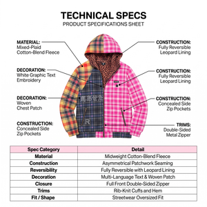Custom OEM Reversible Hoodie Leopard Print Check Plaid Color Block <b>Zip</b> <b>Up</b> <b>Jacket</b> <b>Women</b> Streetwear Outerwear - Product Image 4