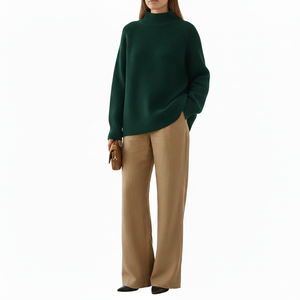 Modern Women Long Solid 100% Cotton Knitted Oversized Mockneck Casual Sweatshirt Relaxed Winter Pullover Front Streetwear Top - Product Image 1