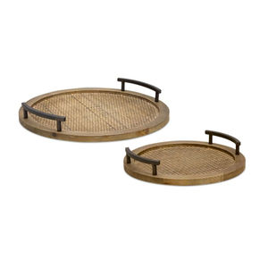 Ensemble de 2 plateaux de service ronds en rotin brun avec poignées en fer noir, accent décoratif moderne pour la décoration intérieure et l'accueil - Product Image 1