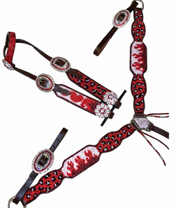 Ensemble de têtière et de collier de poitrail en cuir de style western pour chevaux - Couleur rouge, aspect cuir de vachette délavé argenté avec strass - Product Image 2