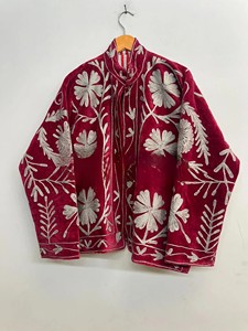 Vintage Maroon Velvet Jacket with Silver Floral Embroidery Handcrafted Kashmiri Style <b>Winter</b> Pheran high-quality velvet Jacket - Product Image 3