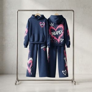Ensemble de survêtement décontracté pour femme, bleu marine et rose, avec sweat à capuche imprimé cœur graffiti et pantalon de jogging large, tenue deux pièces - Product Image 1