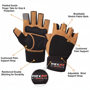 Gants de sport Rexfit à demi-doigts avec fermeture auto-agrippante en maille, noirs et marron, sangle de poignet réglable pour la musculation, unisexe - Product Image 3