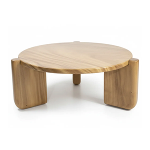 Contemporary Solid Suar <b>Wood</b> <b>Round</b> <b>Coffee</b> <b>Table</b> Natural Grain Japandi Style Smooth Rounded Design Chunky Thick Legs - Product Image 4