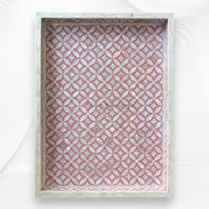 Bandeja de servir con incrustaciones de nácar rosa, diseño geométrico de mosaico, bandeja decorativa para mesa de centro otomana, para decoración del hogar y hoteles - Product Image 1