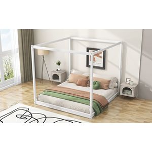 Lit plateforme à baldaquin blanc King Size avec pieds de support, literie rembourrée haut de gamme - Product Image 4