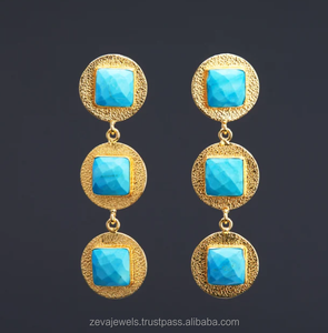 Turquoise Earrings Collet Setting Textured Disc Earrings Long Stud Earrings For Bridal Wear Wedding <b>Statement</b> <b>Jewelry</b> - Product Image 1