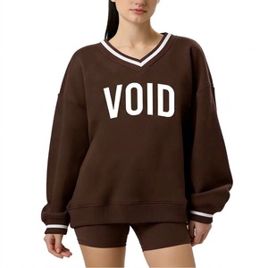 Sweat-shirt en coton pour femme, coupe oversize, col en V, épaules tombantes, avec imprimé lettres Fox et sequins sur le devant, pour tenue décontractée d'automne - Product Image 4
