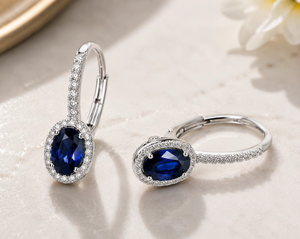 Elegantes Pendientes Colgantes de Oro de 10K con Diamante Natural de 1 Quilate y Zafiro Azul Ovalado con Halo, Joyería Fina de Lujo para Mujer - Product Image 2