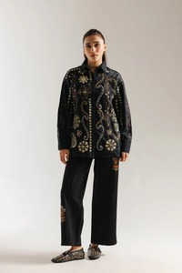 Kurta en coton brodé noir pour femmes, vêtement traditionnel ample, style ethnique Inde Pakistan, toutes saisons, décontracté - Product Image 1