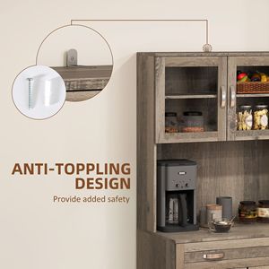 67\" Gray Modern <b>Kitchen</b> <b>Pantry</b> Buffet with Hutch Freestanding Cabinet Design Featuring Glass Doors Shelves Drawers - Product Image 6