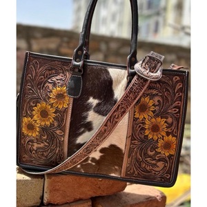 Western Cowhide <b>Leather</b> Tote Bag Hand <b>Tooled</b> Floral Sunflower Shoulder Purse Messenger Bag Cowgirl Handbag with Adjustable Strap - Product Image 1