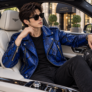Mens Royal Blue <b>Snakeskin</b> Embossed Genuine Leather Biker <b>Jacket</b> | Luxury Winter Motorcycle <b>Jacket</b> | Breathable Fashion <b>Jacket</b> - Product Image 3