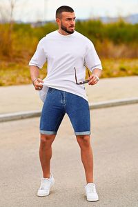 Pantalones Cortos de Mezclilla Bermuda Azul Claro para Hombre, Personalizados, Transpirables, Estilo Vintage, Cintura Media, Pierna Ancha, Estilo Hip Hop - Product Image 6