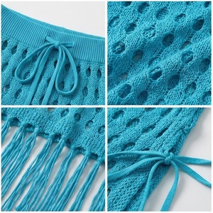 Turquoise Knitted Hollow Out <b>Skirt</b> With Drawstring And Tassel Trim Women's Beachwear - Product Image 4
