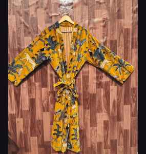 Girls Vintage Floral Printed <b>Yellow</b> Color Kimono Bathrobe In Pure Cotton Beautiful Handmade Direct From Wholesaler And Retailer - Product Image 3