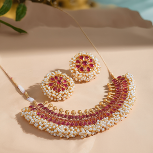 <b>Ruby</b> and Pearl Studded Bridal <b>Necklace</b> Set with Zircon Earrings - Product Image 2