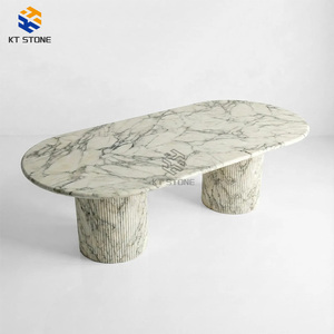Tavolo da Pranzo in Marmo Beige Artigianale KT STONE: Lastra Solida, <span class=keywords><strong>Base</strong></span> Scanalata, per Progetti Alberghieri e Appartamenti - Product Image 5
