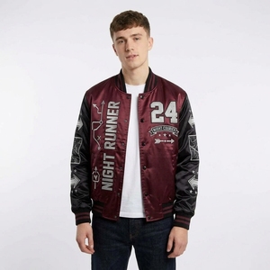 Veste de baseball personnalisée à blocs de couleurs, motif graphique, bordeaux, noir, satin, style streetwear pour homme, bomber - Product Image 1