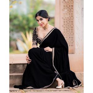 Saree de travail brodé en georgette pour femme avec chemisier non cousu noir - Product Image 1