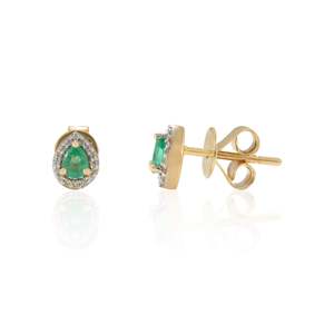 18K Gold Pear Cut <b>Emerald</b> Halo <b>Stud</b> <b>Earrings</b> with Diamond and Pearl Accents - Product Image 2