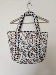 Floral Pattern Cotton Textile Shoulder Shopping <b>Bag</b> with Double Handles and Zipper Closure <b>Medium</b> <b>Size</b> Daily Use - Product Image 1