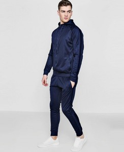 Men's Navy Blue Hooded <b>Tracksuit</b> Set Full Zipper Long Sleeve Solid Color Casual Sportswear Breathable Polyester Material - Product Image 2