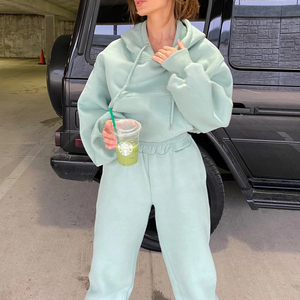Women's Light Green Hooded Tracksuit Set Full Sleeve Solid Color Casual Loose Fit <b>Sweatshirt</b> and Pants with Side Pockets Spring - Product Image 1