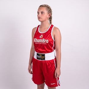 Ensemble de boxe unisexe KhumBro : Débardeur rouge avec bordure blanche et short de combat léger et respirant en polyester, ajustement personnalisé pour - Product Image 4