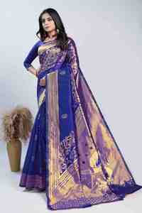 Sari en soie bleu royal avec motif paon en zari doré, sari pour mariage et occasions festives, vêtement traditionnel indien pour femmes. - Product Image 5