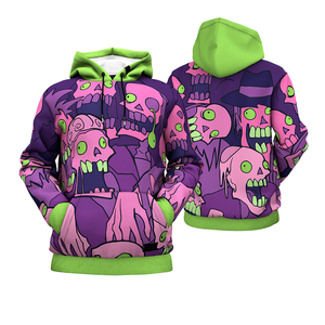 Sudadera con Capucha para Hombre, Color Morado y Rosa con Calaveras, Corte Regular, Informal, para Otoño, Tejida, con Bolsillo, Estampado por Sublimación - Product Image 5