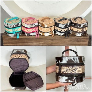 Étui à bijoux en cuir véritable de qualité supérieure, fait main, avec motifs floraux, en cuir de vache véritable, double compartiment, portable, pour le rangement des bijoux - Product Image 1