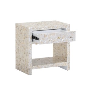Mesa auxiliar de madera hecha a mano de primera calidad con incrustaciones de mosaico de concha blanca y un versátil diseño de mesita de noche Capiz con estante abierto. - Product Image 4