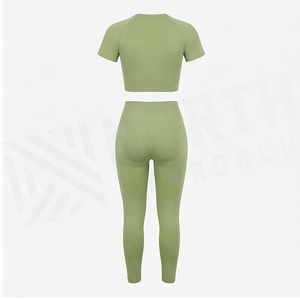 Ensemble de yoga vert 2 pièces : haut court à col rond et manches courtes, leggings taille haute pleine longueur, sans couture, respirant, vêtements de sport - Product Image 2
