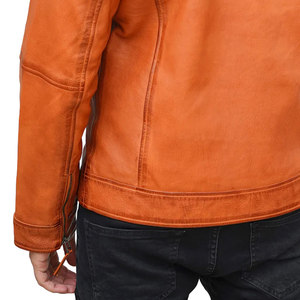 Men's Orange Solid Color Stand Collar Genuine <b>Leather</b> <b>Jacket</b> Zipper Closure Slim Fit Available For Online Sale - Product Image 6