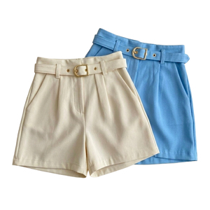 Shorts en tissu tricoté taille haute pour femmes, couleur unie, avec ceinture, coupe décontractée, 100% coton, logo personnalisé, blanc, vert - Product Image 6