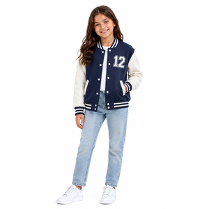 Girls Light Blue Varsity <b>Jacket</b> With <b>White</b> Sleeves And Number 12 Print Regular Fit Autumn Wear - Product Image 2