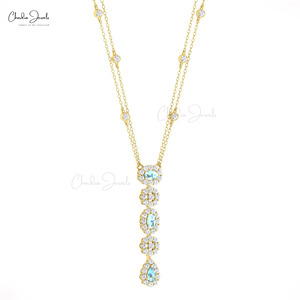 สร้อยคอทองคำแท้ 14k ประดับพลอยอะความารีนทรงหยดน้ำขนาด 5x3 มม. และเพชรแบบคลัสเตอร์ งานสั่งทำพิเศษจากอินเดีย - Product Image 4
