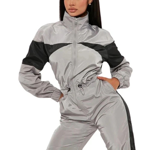 Survêtement color block pour femme gris et noir avec fermeture éclair, coupe régulière, coupe-vent en satin, idéal pour le printemps - Product Image 5