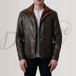 Veste en cuir olive foncé pour homme avec col contrastant marron, en véritable peau de mouton, coupe ajustée, pour l'automne et l'hiver, style décontracté, veste moto superposée - Product Image 2
