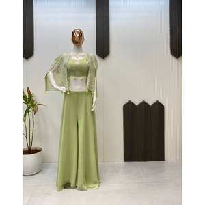 Conjunto de Tres Piezas de Moda, Blusa de Chifón sin Mangas, Transpirable y Elegante para Fiesta, Pantalones Palazzo y Chaleco - Product Image 2